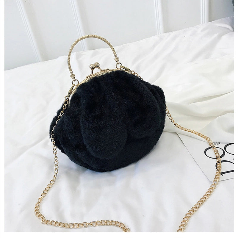 Women’s Plush Rabbit Solid Color Cute Round Lock Clasp Handbag Crossbody Bag