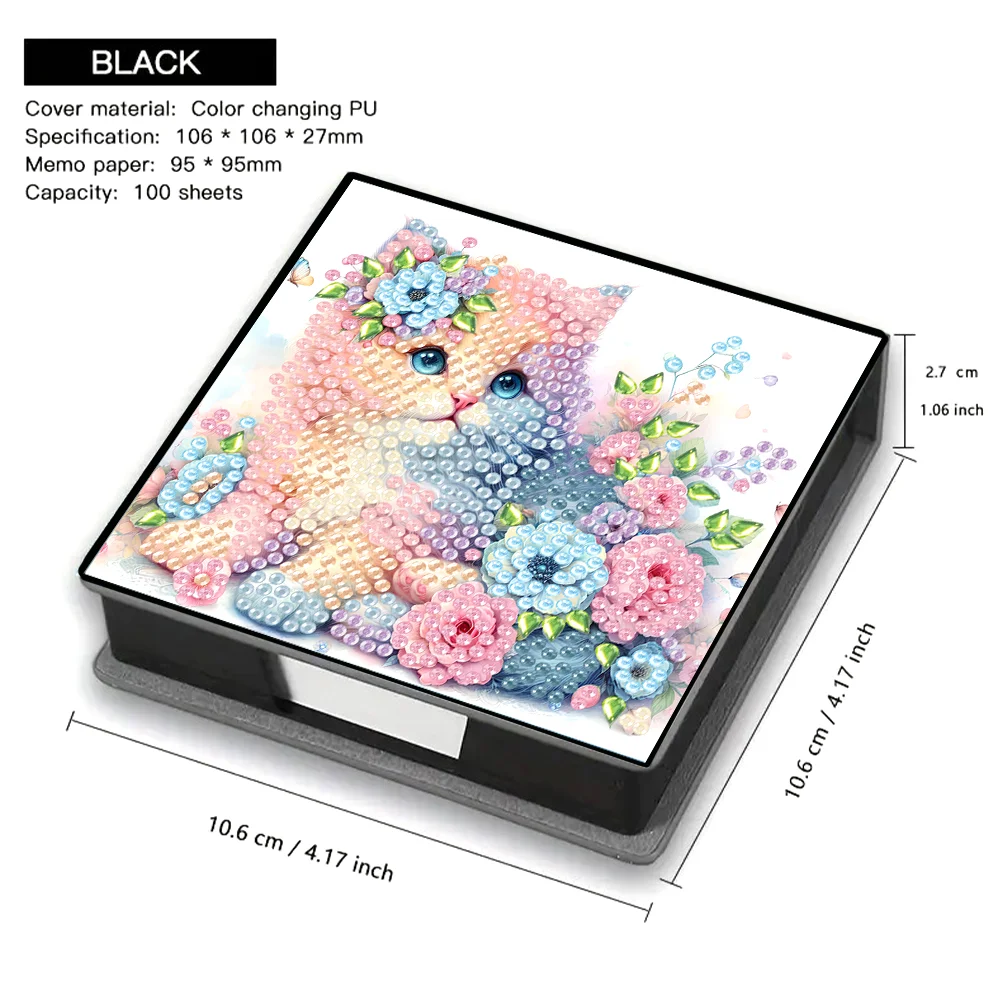 DIY Flower Cat Leather Diamond Art Note Box with 160 Sheets of Paper for Beginners