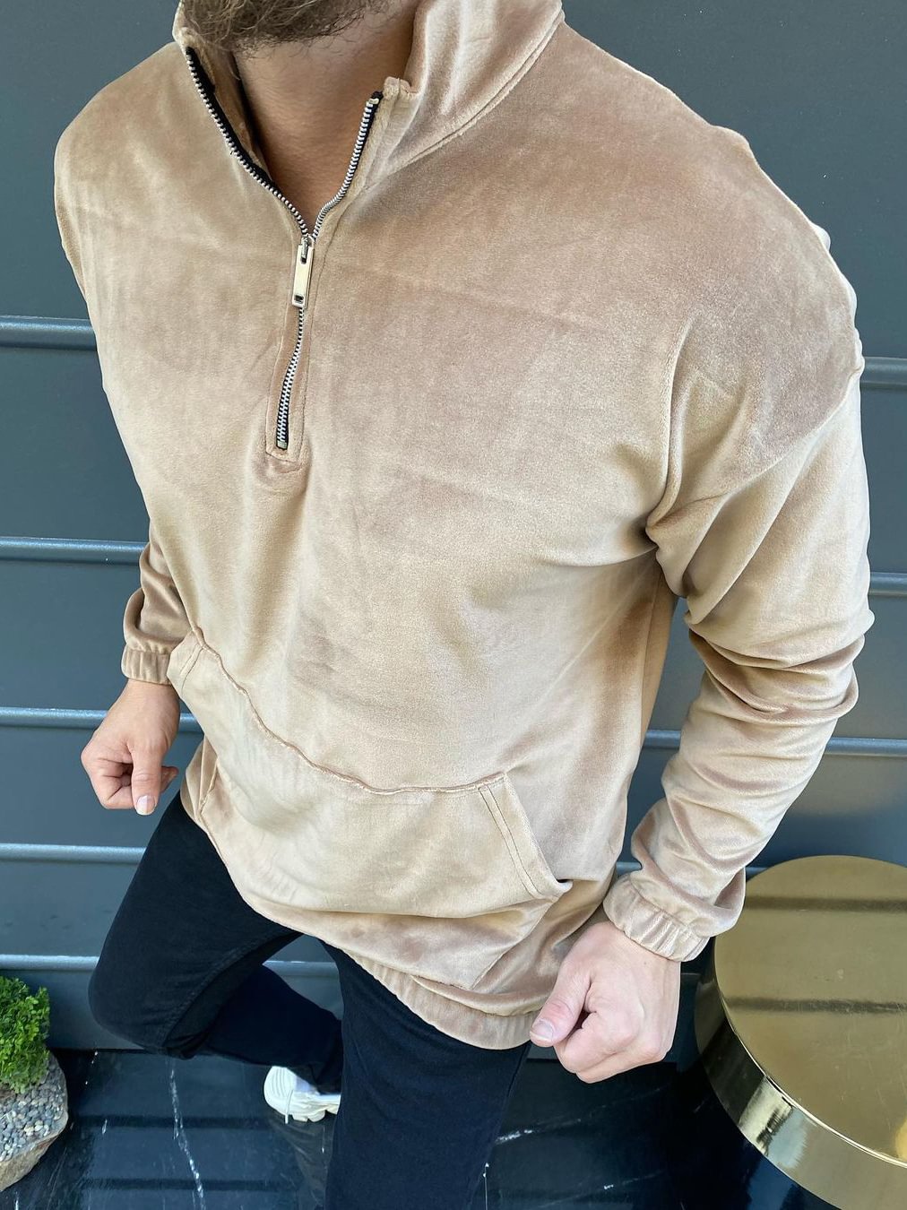 Men's Khaki Velvet Pockets Sweatshirt