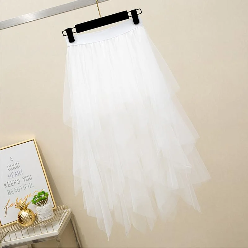 FTLZZ Tulle Skirts Women High Waist Mesh Skirt Hem Asymmetrical Pleated Midi Skirt Female Black Pink Summer Mid-calf Skirts
