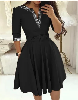 Brownm Brownm Autumn / Winter Temperament Elegant Closed Waist Hot Diamond In The Long Sleeve Solid Color Big Swing V-Neck Dress With A Belt