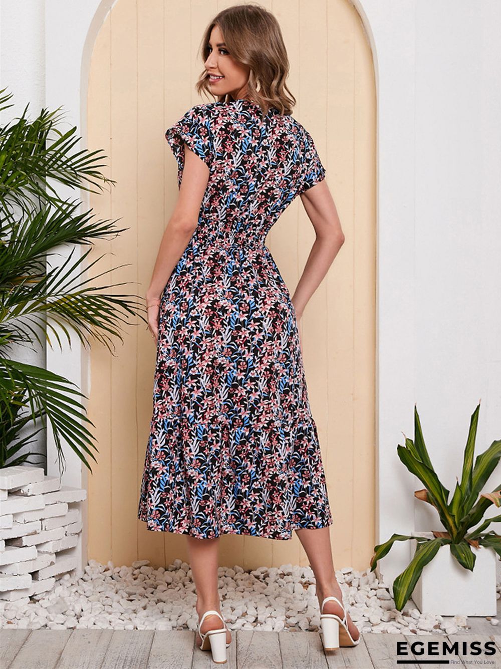 Chiffon Printed One Sleeve Large Swing Holiday Beach Dress | EGEMISS