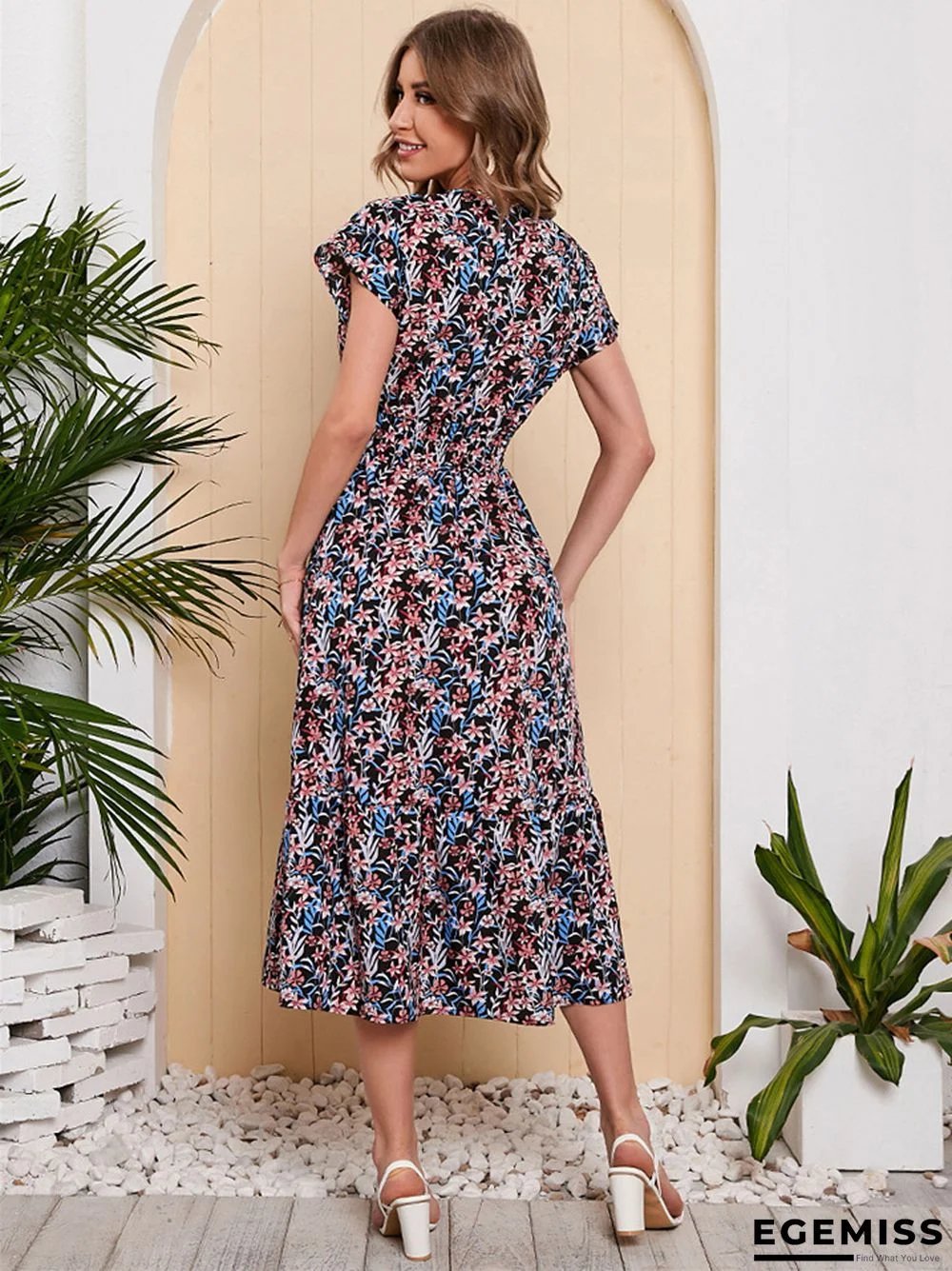 Chiffon Printed One Sleeve Large Swing Holiday Beach Dress | EGEMISS