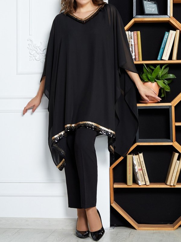V-Neck Mesh Stitching Long-Sleeved Blouse With Irregular Hem Trousers Suit