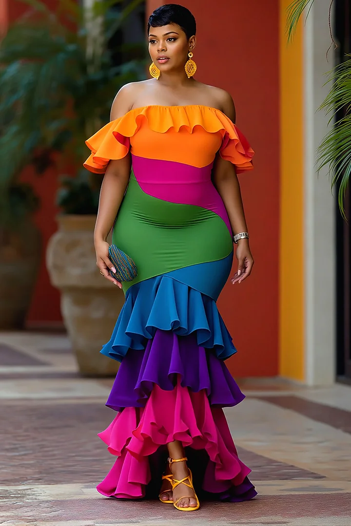 Xpluswear Design Plus Size Party Rainbow Colorblock Off The Shoulder Mermaid Tiered Maxi Dresses 2024 - Xpluswear