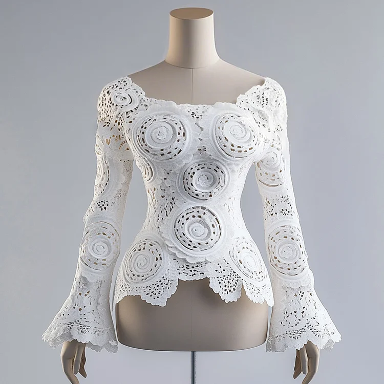 Ursime Hollow Vortex Lace Flare Sleeve Asymmetrical Hem Blouse