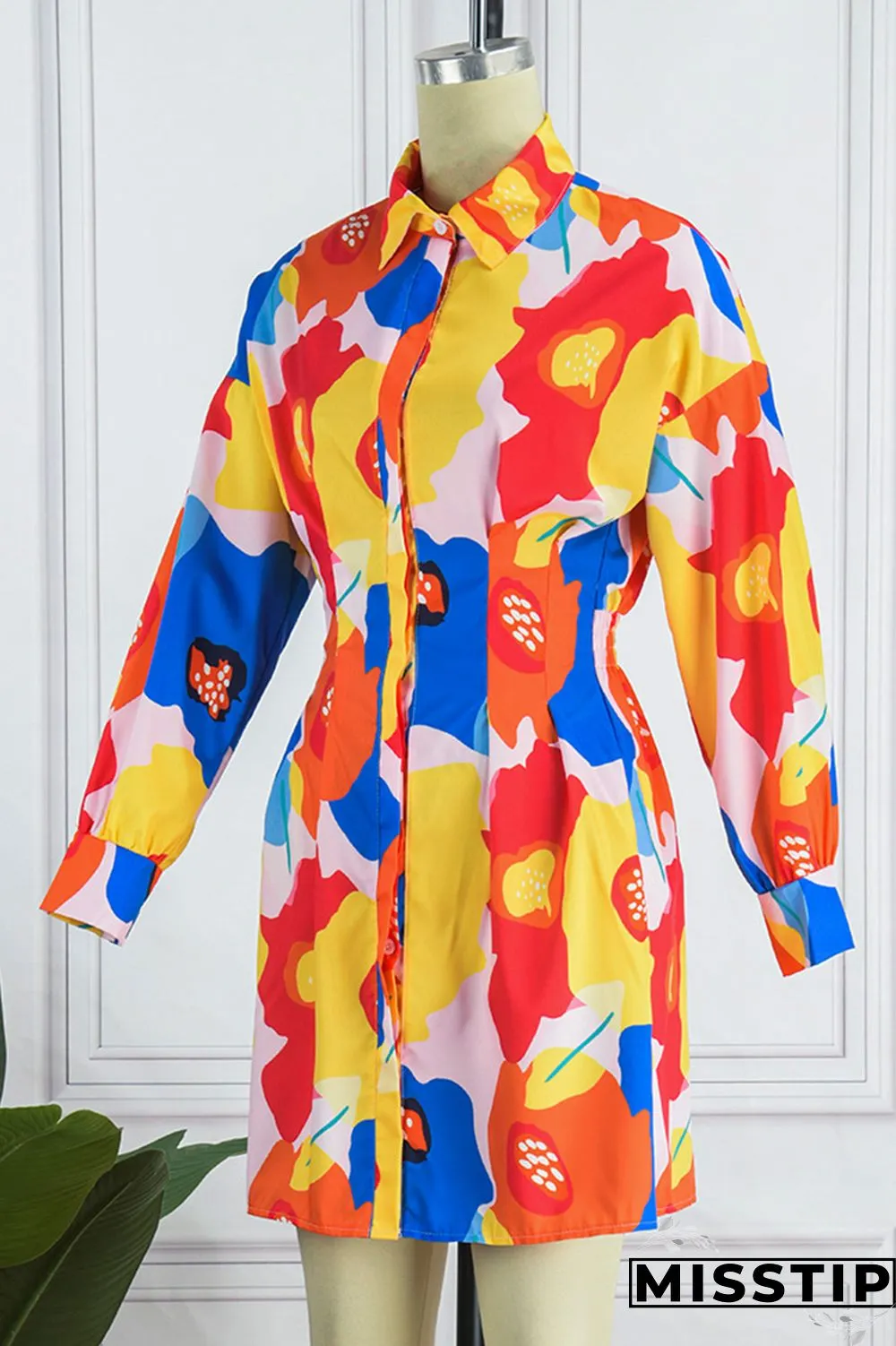 Multicolor Casual Print Patchwork Turndown Collar Long Sleeve Dresses