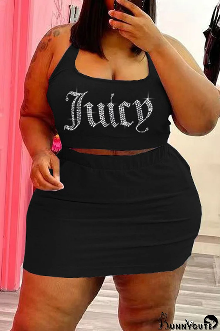 Black Sexy Casual Letter Hot Drilling Basic U Neck Plus Size Two Pieces