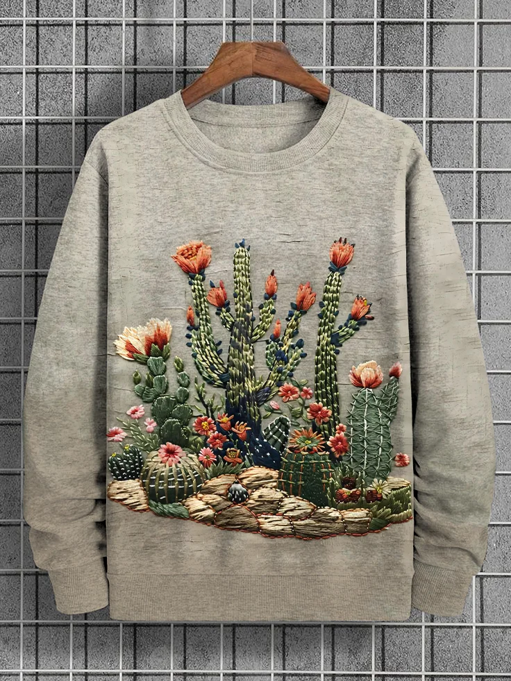 Men's Cactus Embroidery Art Print Casual Sweatshirt