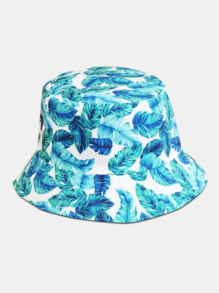 Unisex Cotton Overlay Blue Leaves Print Double-sided Wearable All-match Sunshade Bucket Hat
