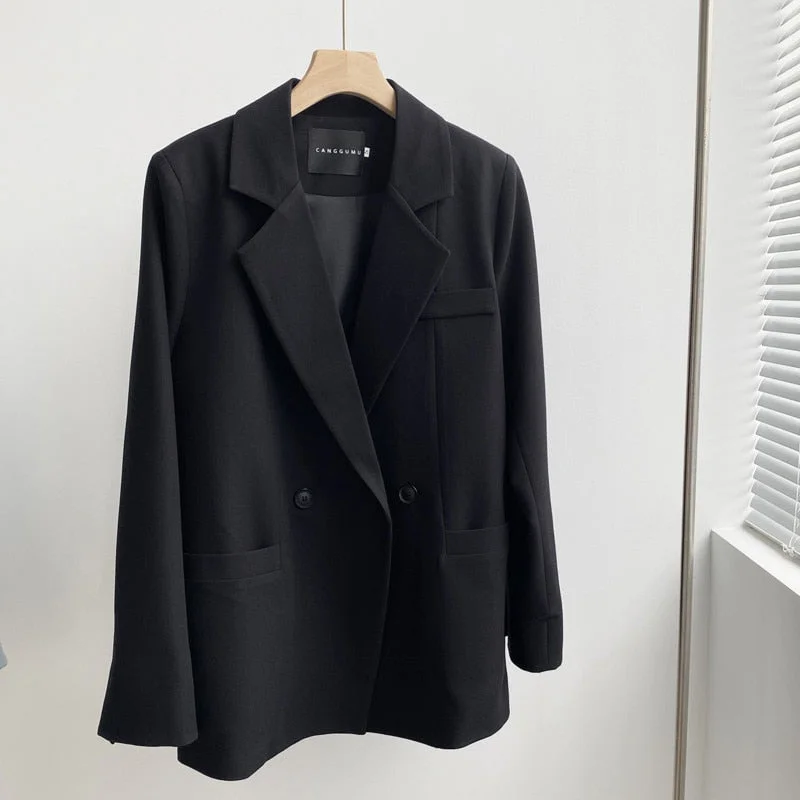 Lizkova Autumn Blazer Women 2021 Black Double Breasted Jacket Korean Pockets Long Sleeve Loose Suit Coat