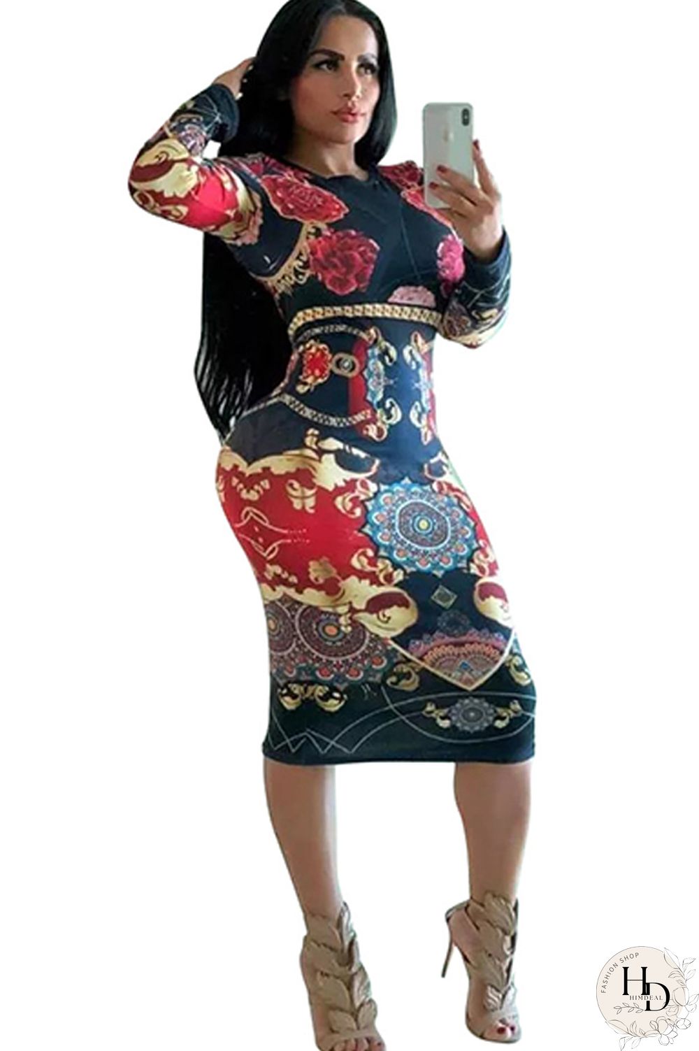 Blue Milk. Europe and America Cap Sleeve Long Sleeves O neck Pencil Dress Mid-Calf Patchwork Print Club