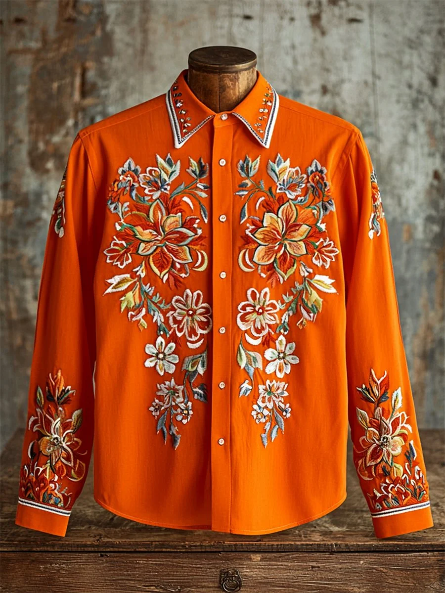Men's Retro Casual Western Ethnic Print Long Sleeve Shirt 