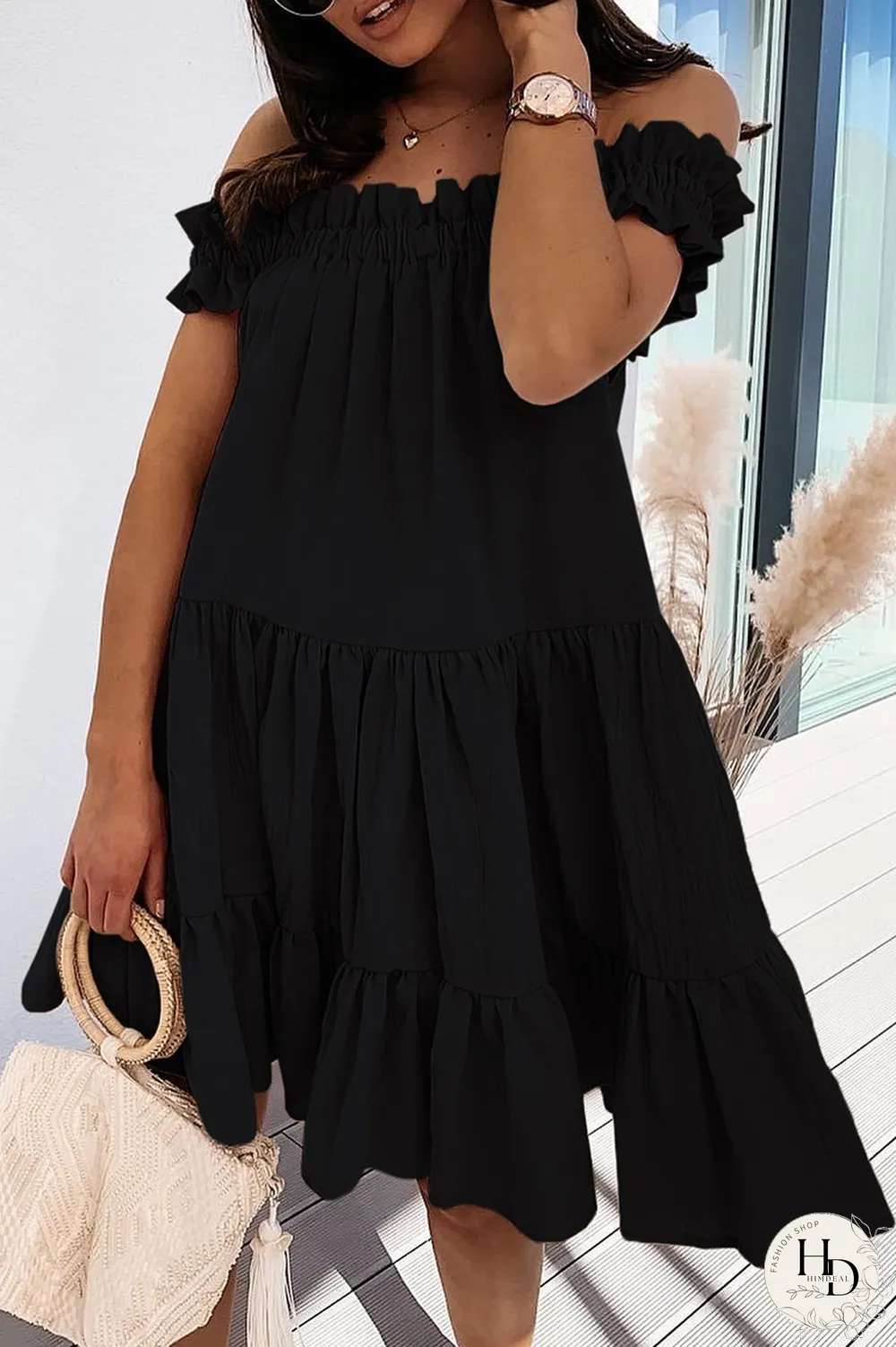 Sweet Solid Patchwork Flounce Off The Shoulder Cake Skirt Dresses(5 Colors)