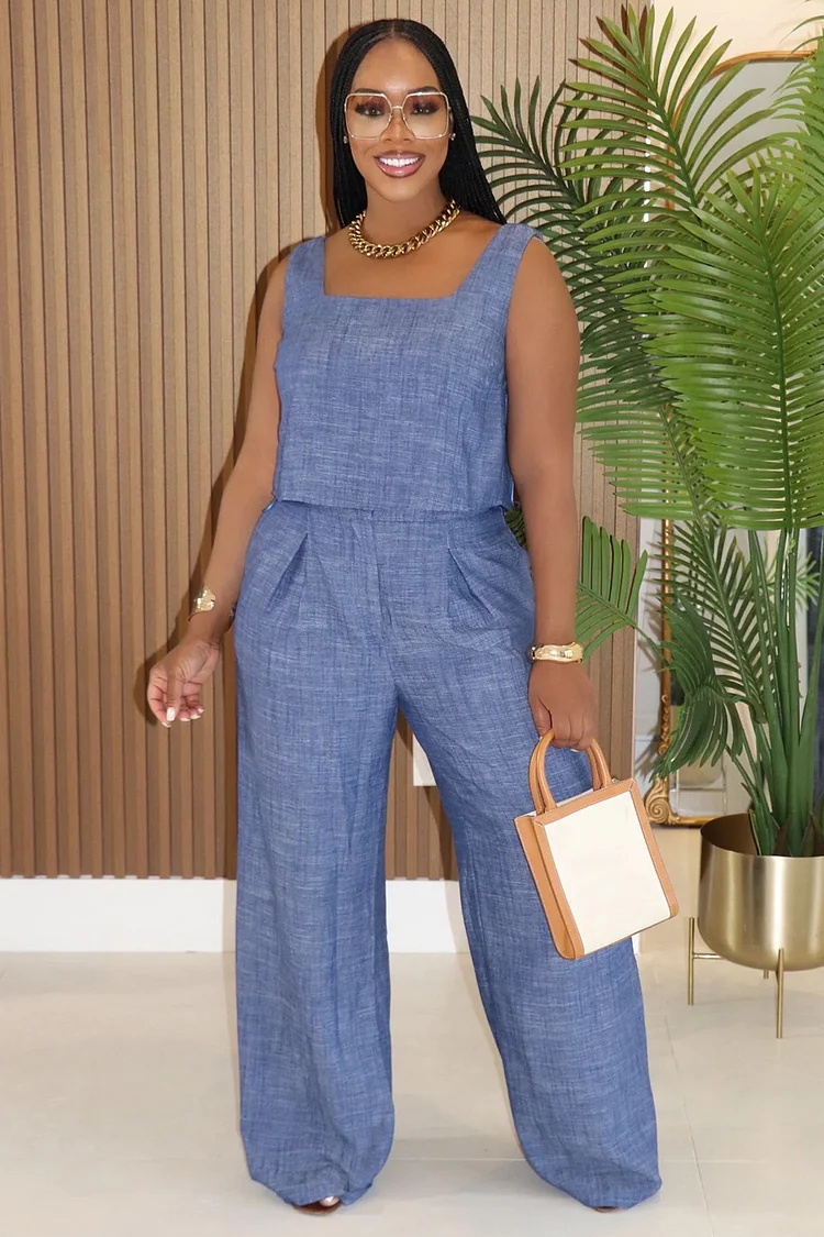 Square Neck Sleeveless Top Wide Leg Pants Daily 2pcs Set-Blue [Pre Order]