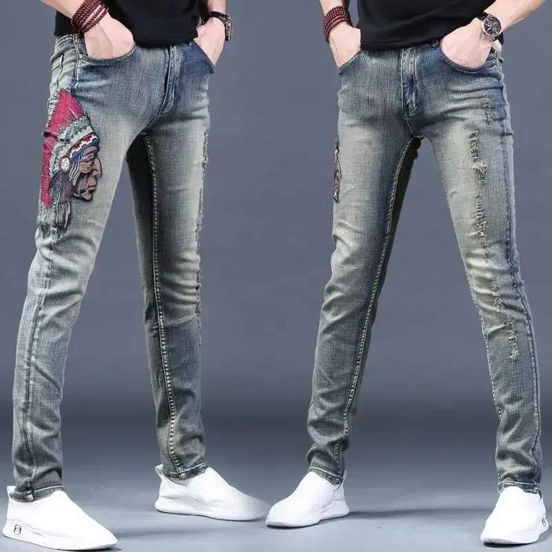 Tomroads Mens Ripped Jeans – Skinny Cowboy Pants with Graphic Embroidery for Streetwear  