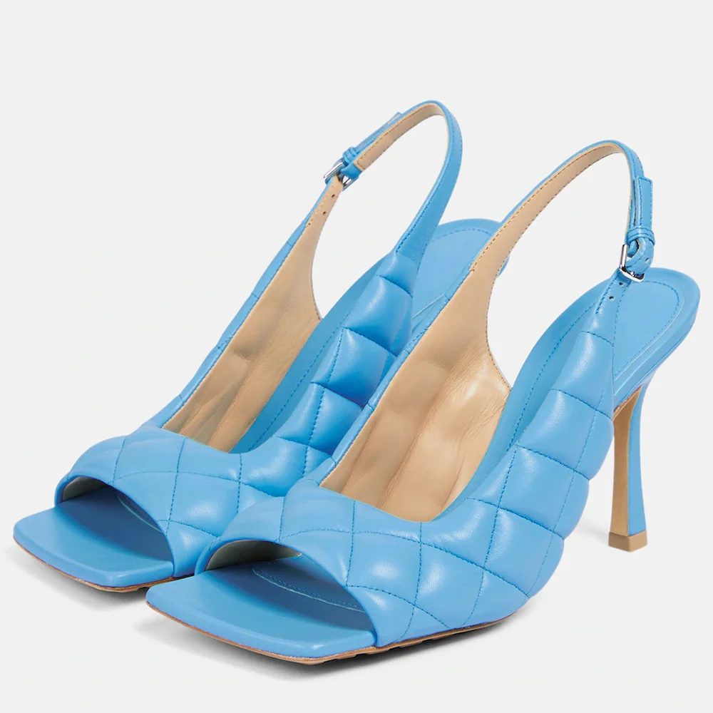 Blue  Opened Square Toe Slingback Sandals With Stiletto Heels Nicepairs