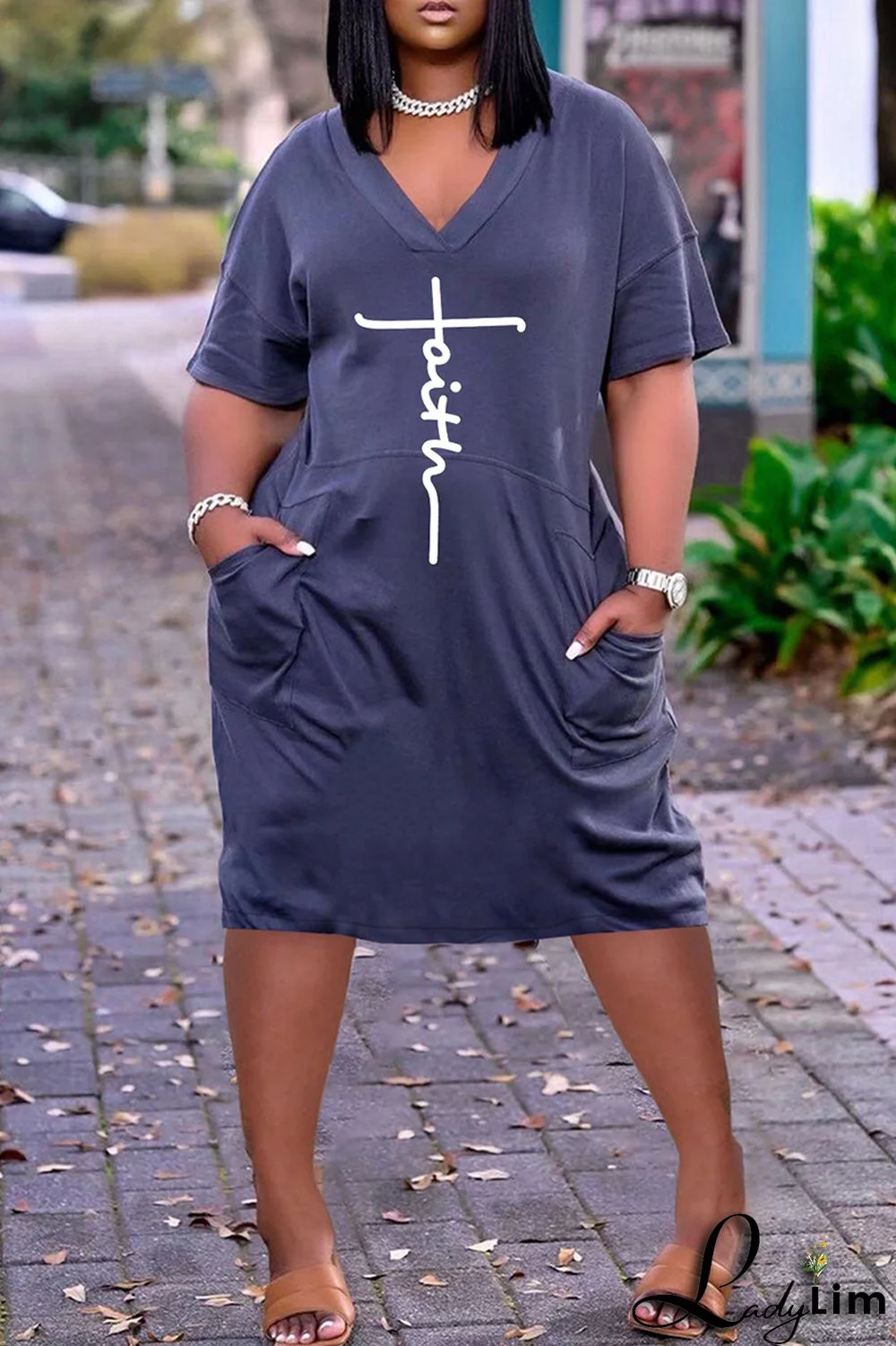 Red Fashion Casual Print Basic V Neck Short Sleeve Dress