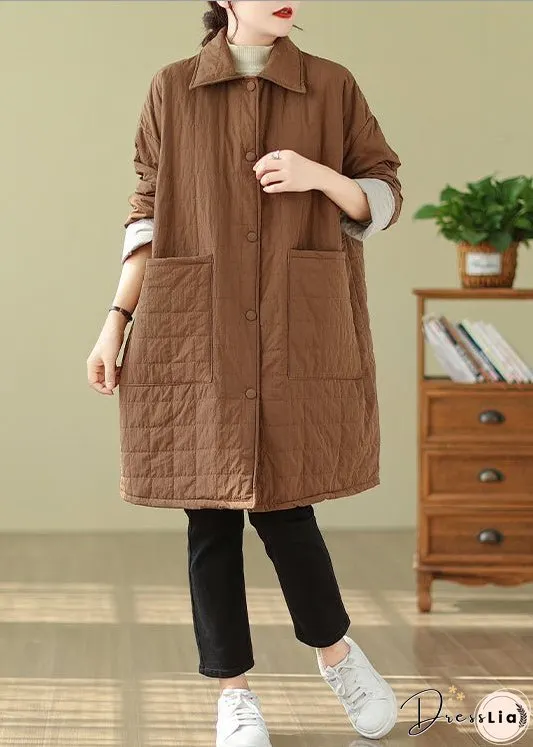 Plus Size Coffee Peter Pan Collar Pockets Fine Cotton Filled Coat Winter