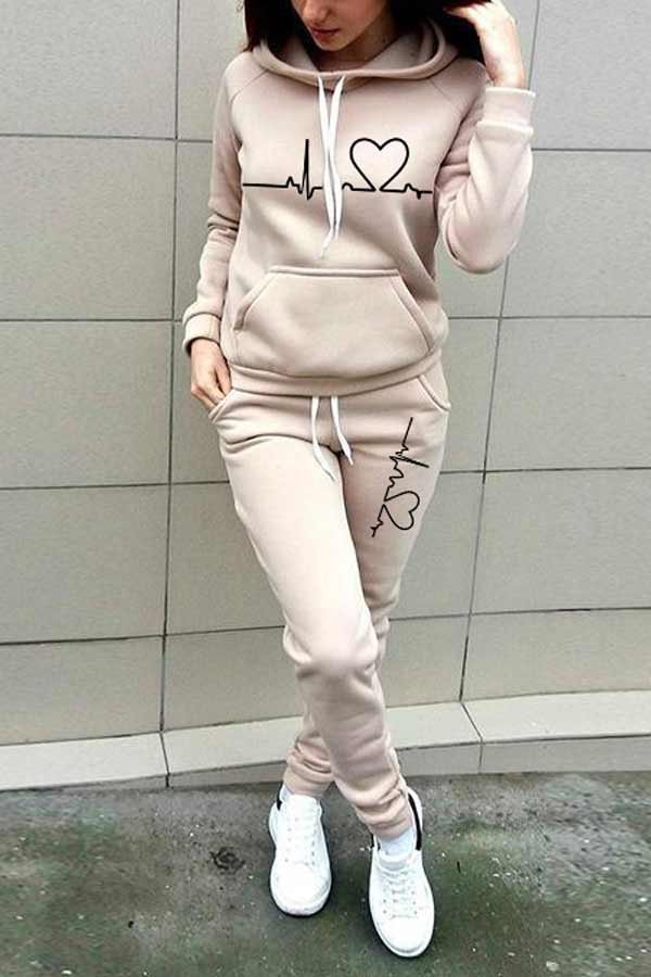 Casual Sports Print Hooded Top Pants Set - Life is Beautiful for You - SheChoic