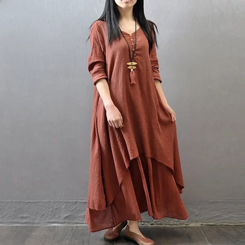 IO Dress 2025 Spring Autumn New Two-piece Illusion Long Dress Artistic Wide Hemming Hemp Dress Loose Fit Long Sleeve Cotton Hemp Skirt