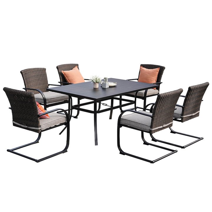 Outdoor 7 Piece Dining Table Set, Modern Woodgrain-Look Metal Table and Wicker Chairs for 6