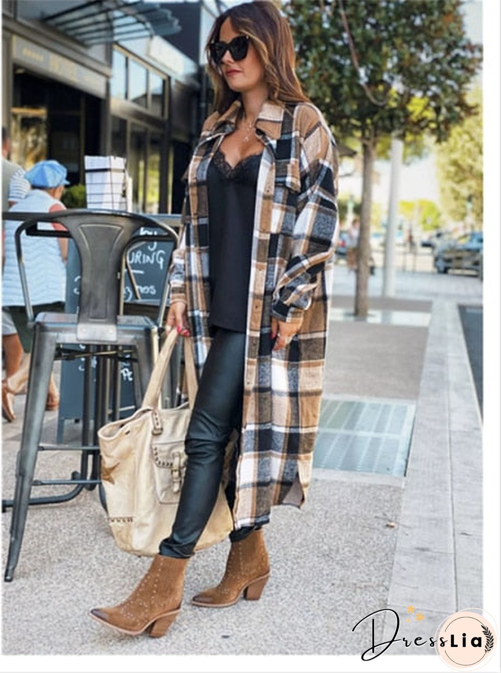 Women'S Fashion Long Plaid Coat Autumn Shirt Coat Woolen Coat Streetwear Women Clothing Loose Coat Female Casual Jacket
