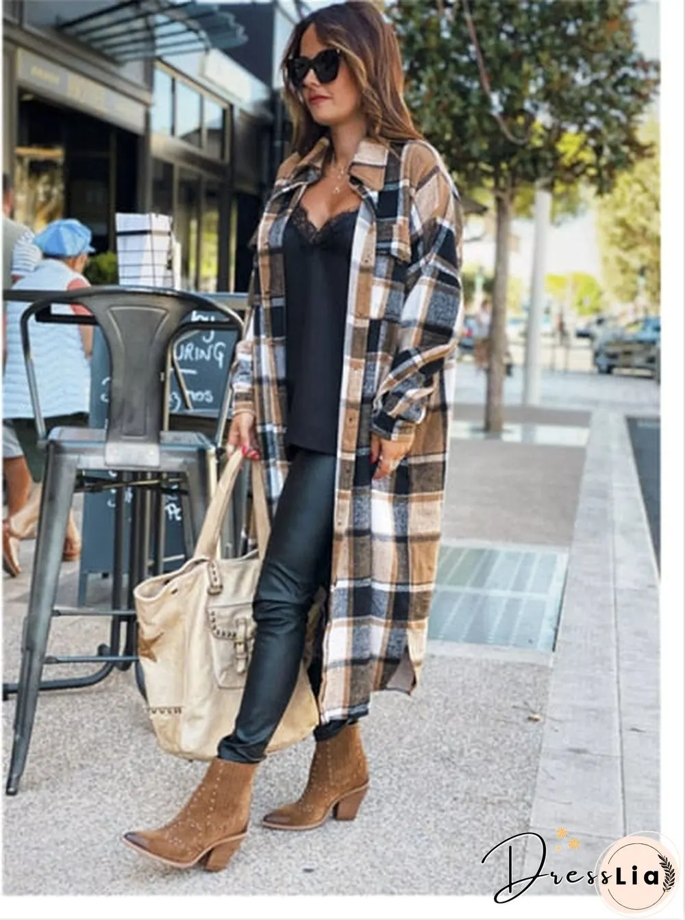 Women'S Fashion Long Plaid Coat Autumn Shirt Coat Woolen Coat Streetwear Women Clothing Loose Coat Female Casual Jacket