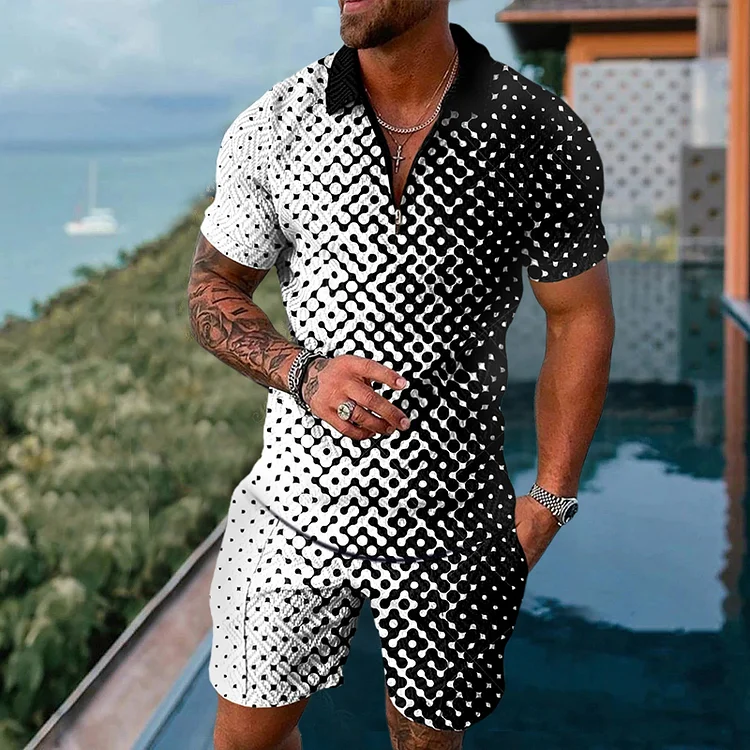 Men's casual black and white gradient Printed Polo suit