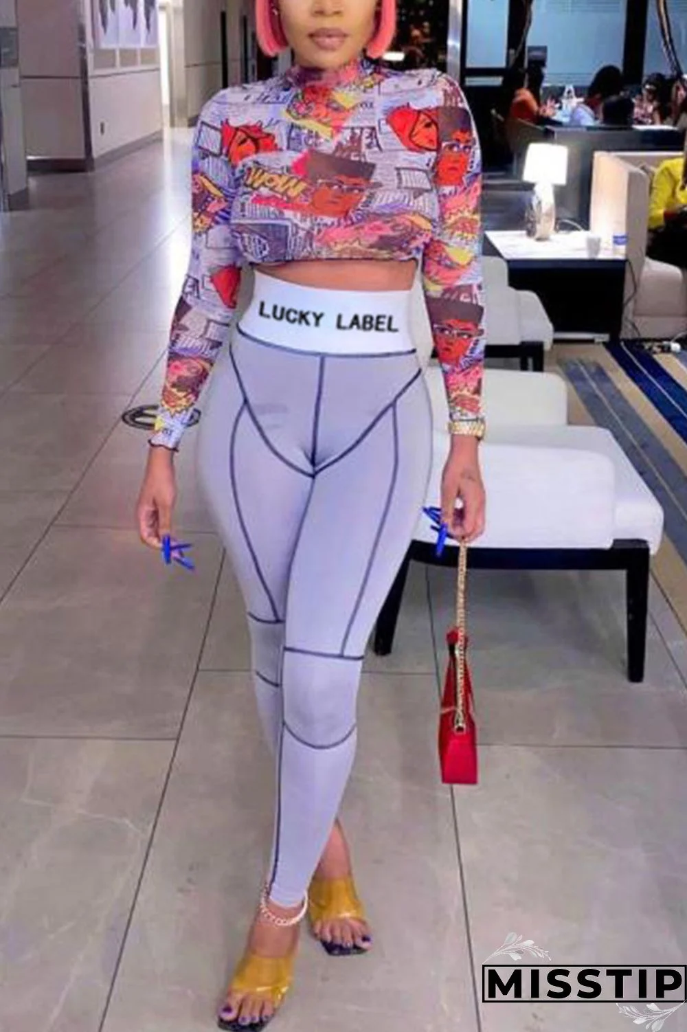 Light Purple Sexy Print O Neck Long Sleeve Two Pieces