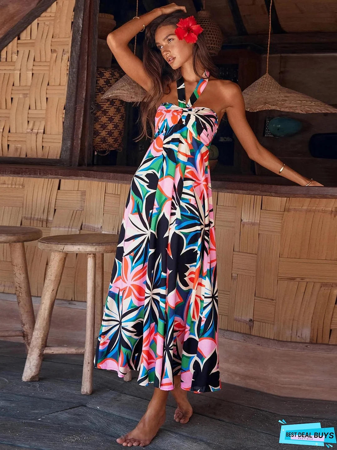 Printed Halter Neck Midi Cami Dress