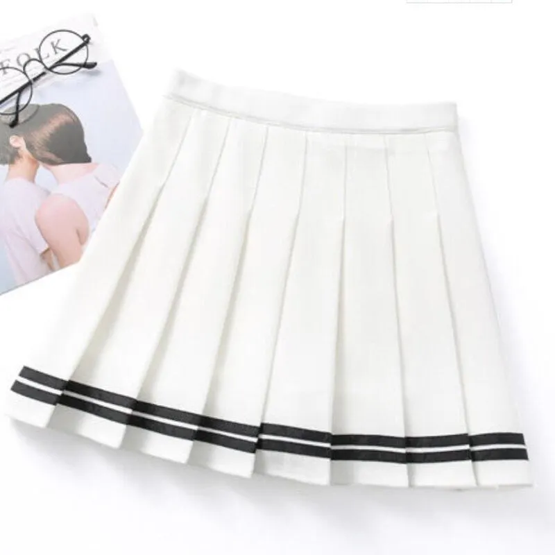 Zoki Fashion Striped Women Pleated Skirt High Waist Zipper Summer JK Girls Dancing Mini Skirt Korean Sweet Summer Black Skirts