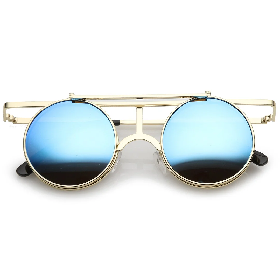 Steampunk Flip Up Cover Flat Top Colored Mirror Clear Lens Round glasses 44mm