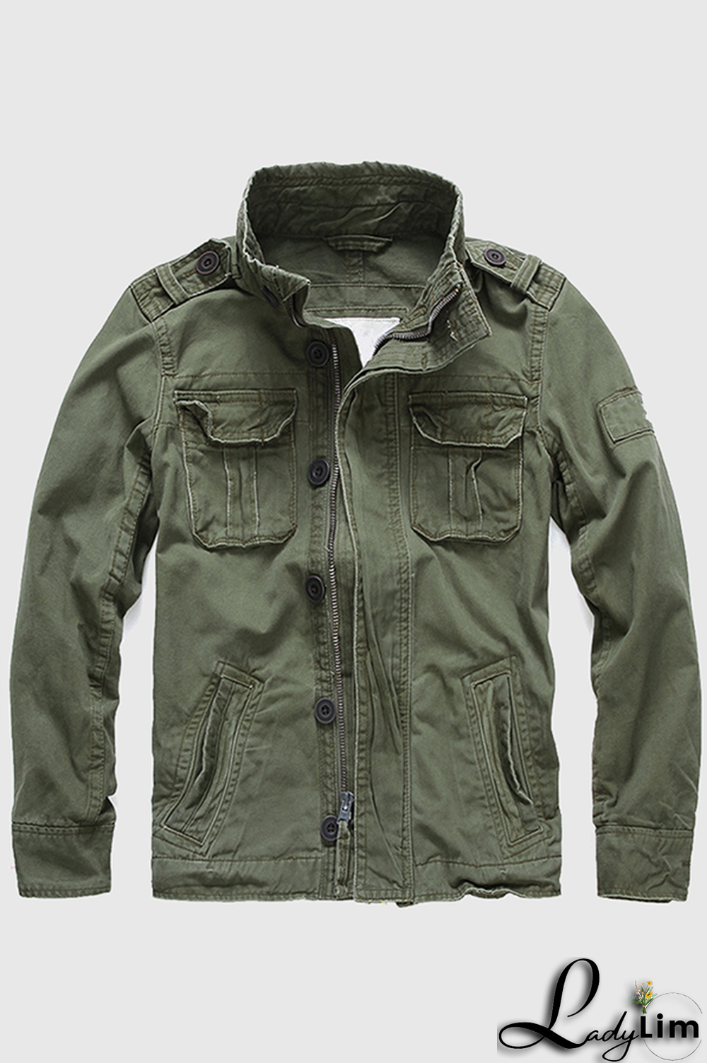 Green Fashion Casual Solid Camouflage Print Buckle Zipper Mandarin Collar Outerwear