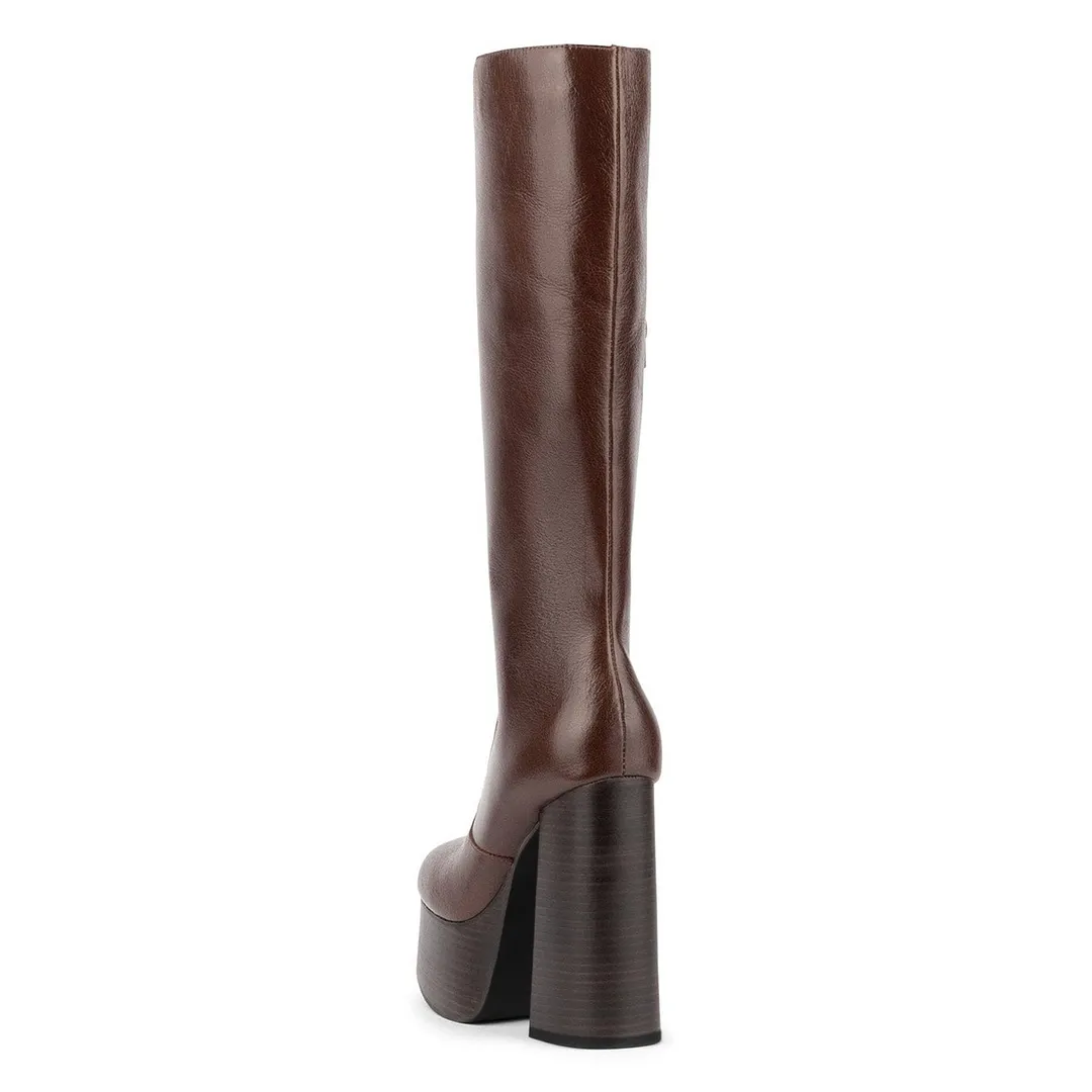 Brown Square Toe Platform Chunky High Heel Slip On Tall Boots