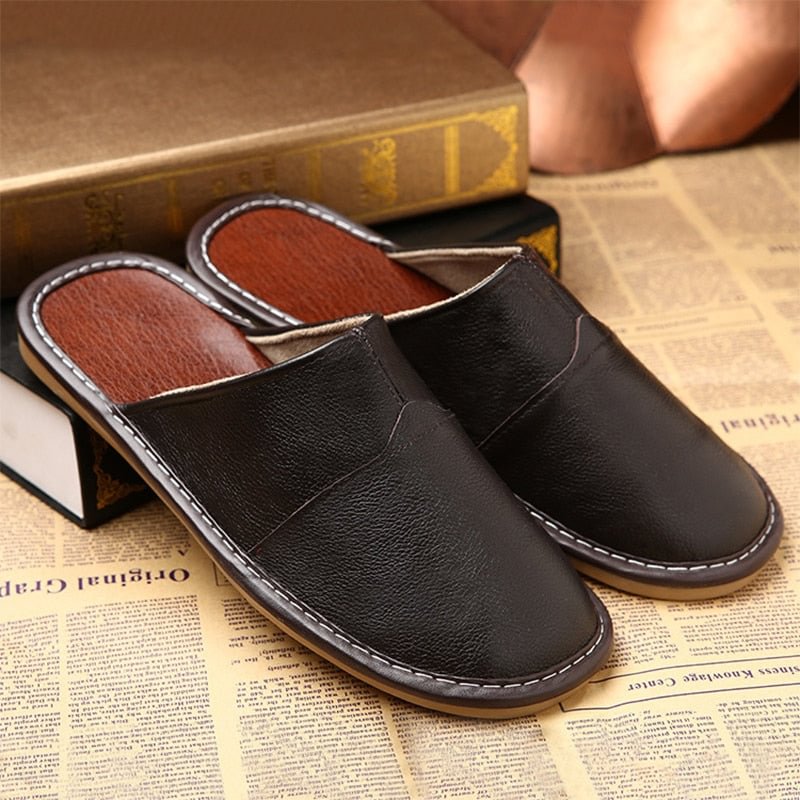 WOTTE Leather Home Slippers for Men Winter Warm Plush Slippers Bedroom Genuine Leather Unisex Men/women House Indoor Shoes