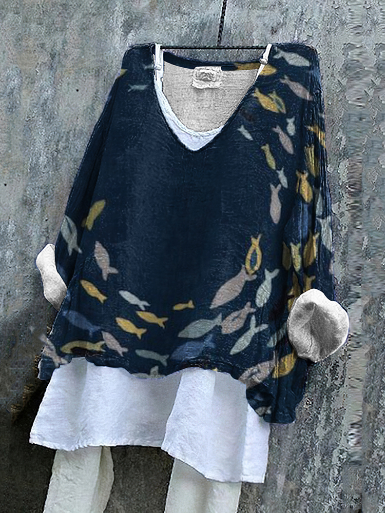 Comstylish Vintage School Fish Printed Linen Blend Casual Shirt