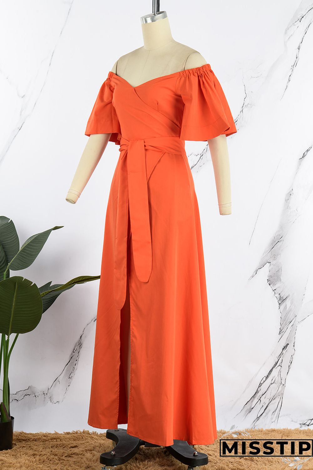 Orange Casual Solid Backless Slit Off the Shoulder Short Sleeve Dress Dresses
