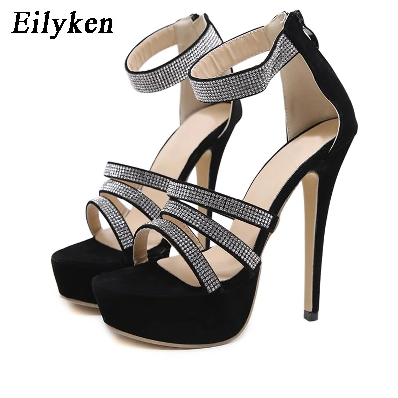 Eilyken Crystal Platform Sandals Women Summer Zip High Heels Shoes Fashion Peep Toe Slides Zapatos Mujer Black Hollow Pumps