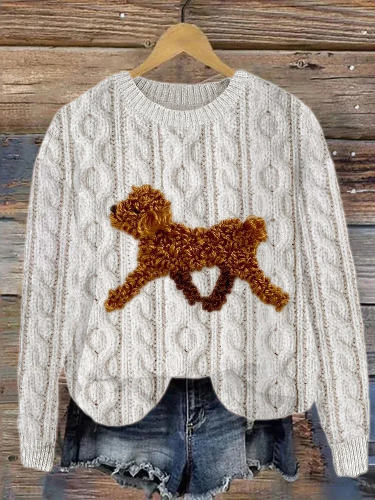 Comstylish Fuzzy Dog Fringe Embroidered Cable Knit Sweater