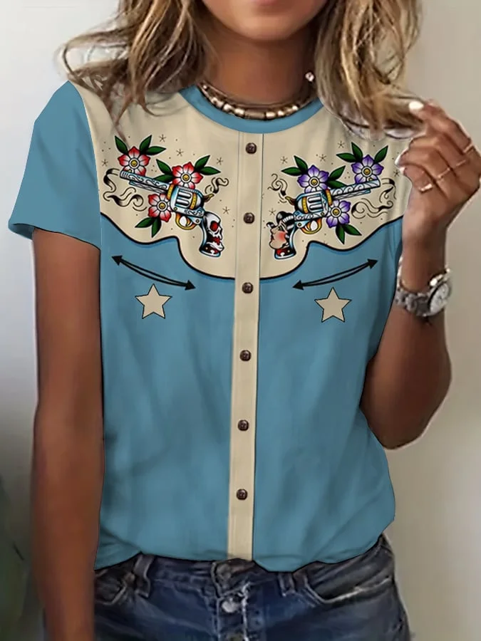 Women's Retro Western Style Printed Casual T-Shirt