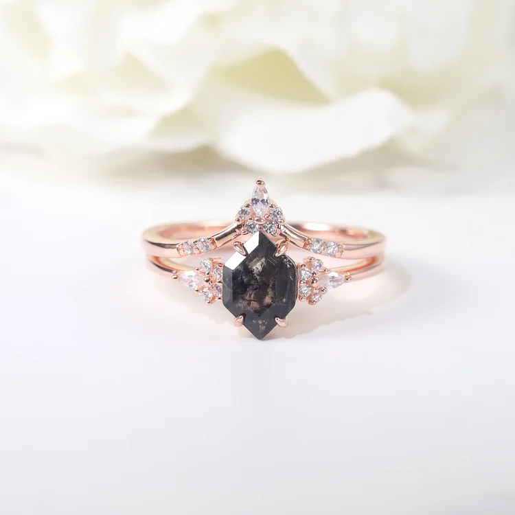 Natural Salt And Pepper Crystal Ring Black Crystal Herkimer Diamond Ring Set