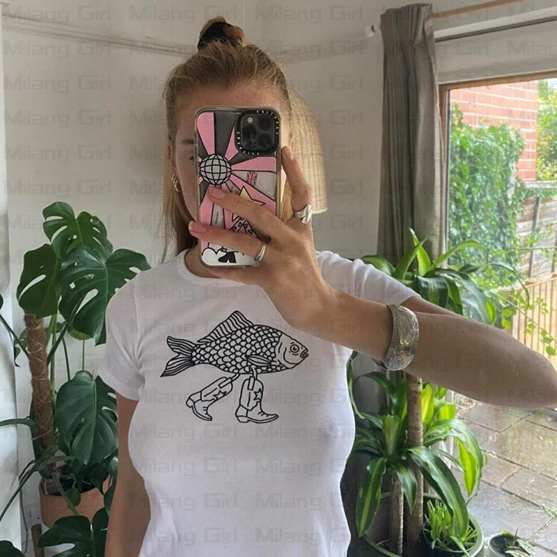 Toloer Fish With Legs Graphic White T-Shirt-Outfit Ideas