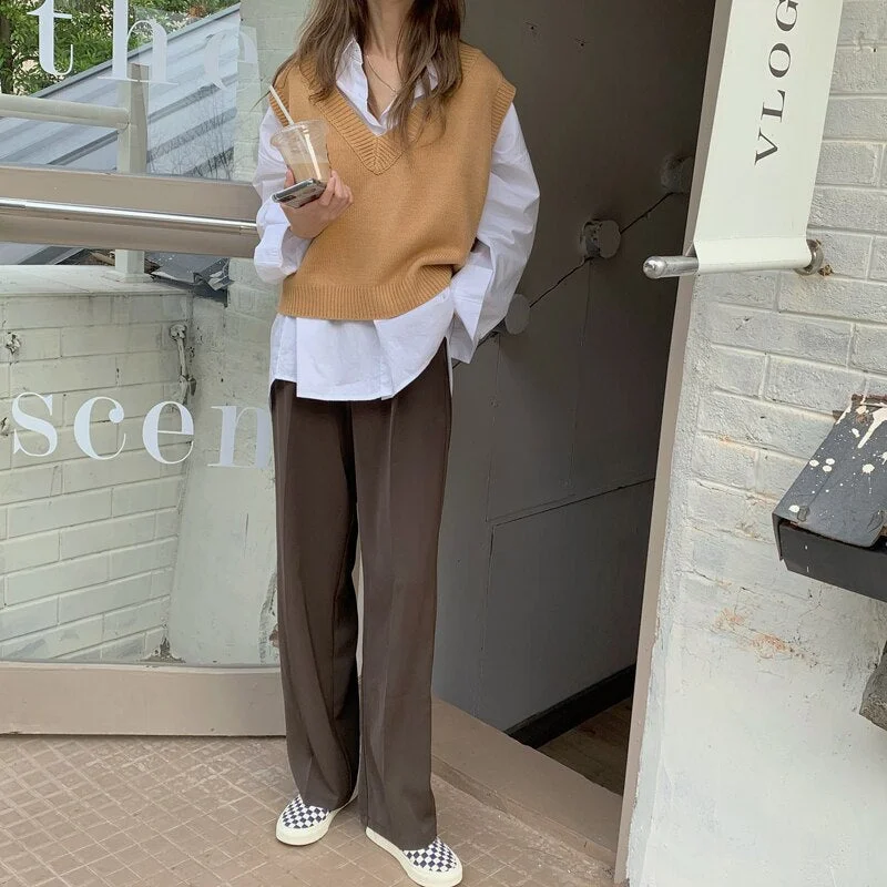 Women Chic Casual Loose Trousers Elastic High Waist Female Wide Leg Pants 2021 Autumn Winter Ladies Suit Pants