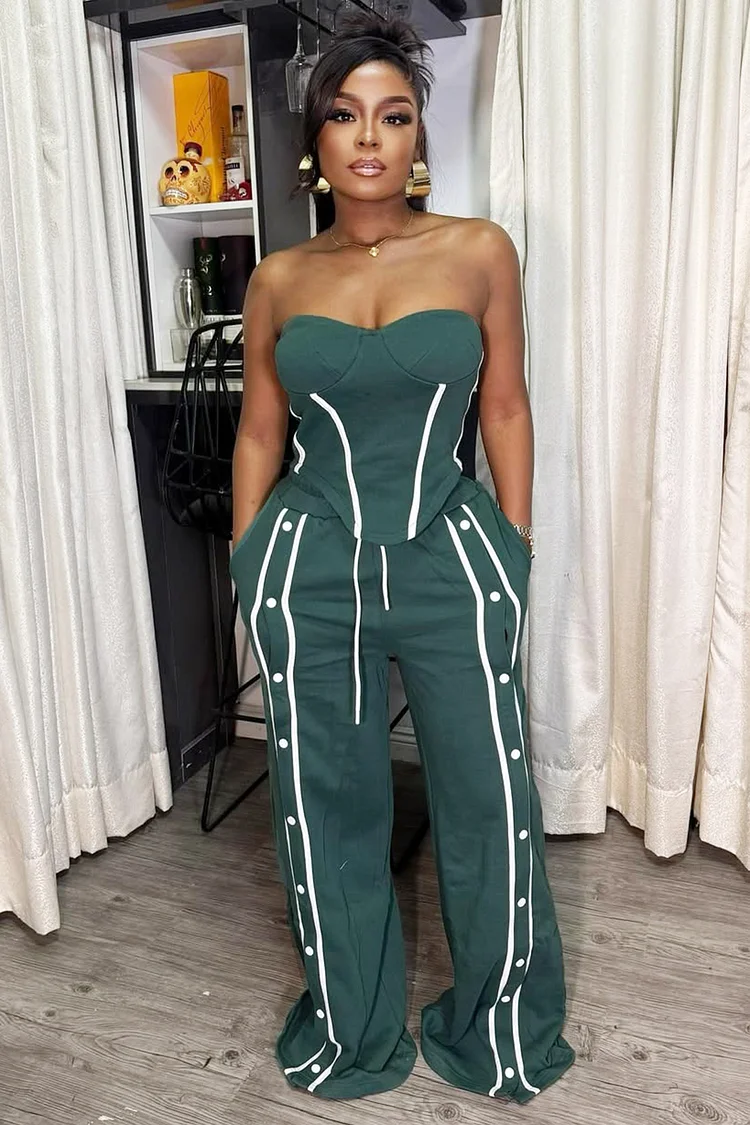 Curved Hem Tube Top Colorblock Trim Wide Leg Pants 2pcs Set-Green [Pre Order]