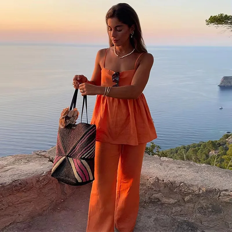 Women Elegant Sleeveless Backless Loose Strap Vest Wide Leg Trousers  Ruffled Hem Tank Top Pants Two Piece Sets Suits