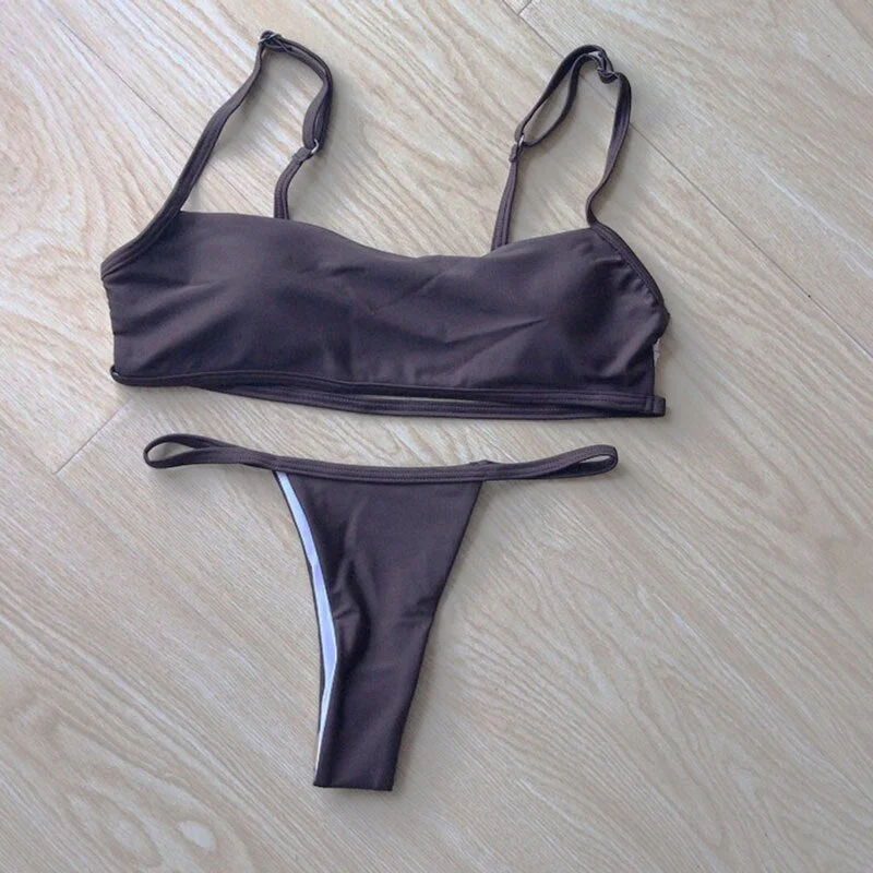 2020 New sexy bikini set backless swimwear women striped swimsuit bathing suit female solid biquini Brazilian Monokini Beachwear