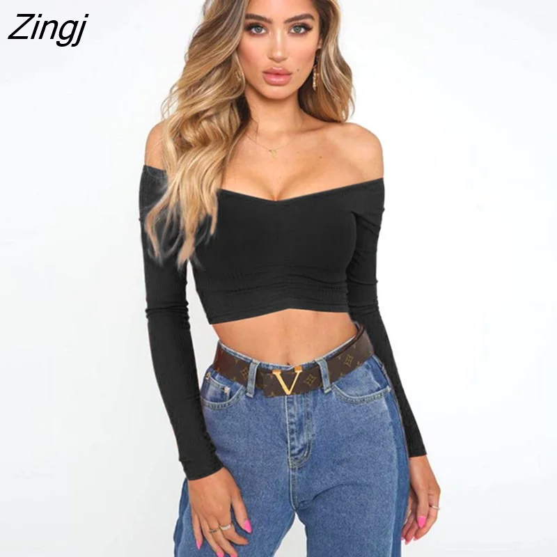 Zingj Women's Long Sleeve T-shirt Summer Fashion Casual Sexy Off Shoulder Solid Color Umbilical Exposure Sexy Tops