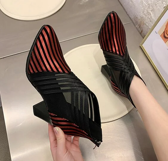 Summer Fashion solid mesh high heels pointed toe cross lines decoration ankle lady boots grace women ventilate boots red/black