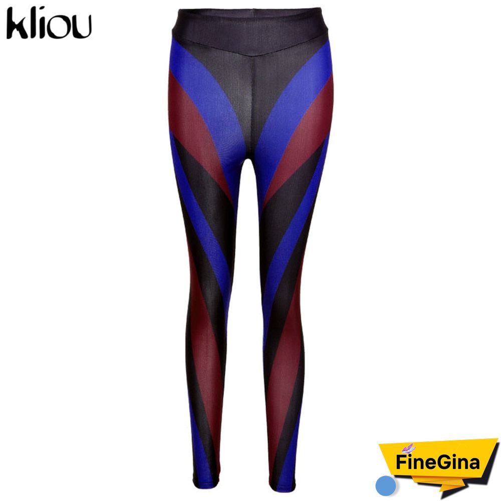 Kliou Color Blocking Women Leggings High Waist Stretchy Skinny Striped Fitness Pants Color Match Streetwear Slim Clothing